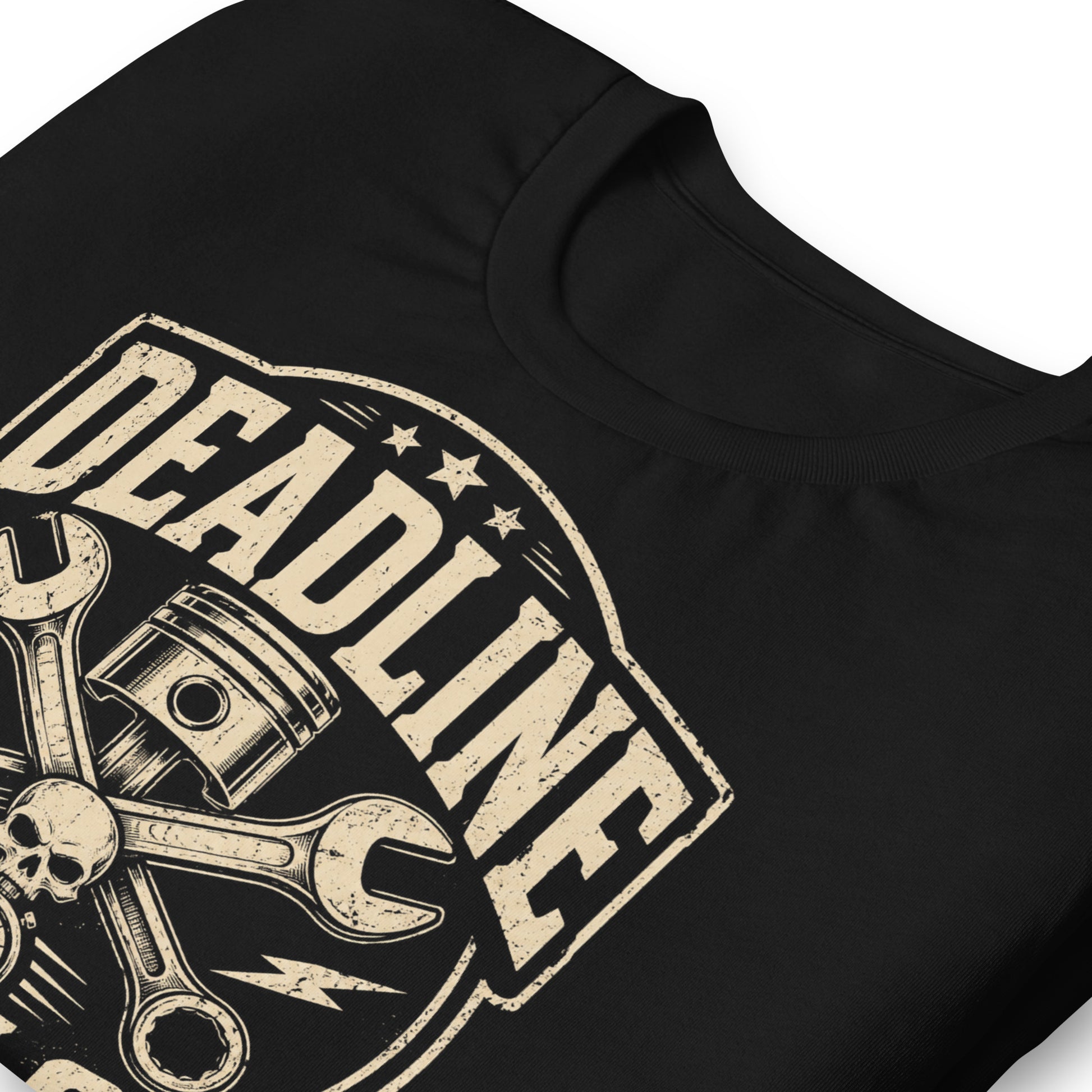 A black graphic tee featuring original Cinderpoint Studios artwork for Deadline Garage, a one-color retro hot rod repair design with bold lettering, piston, crossed wrenches, skull detail, lightning bolts, stopwatch accent, and Full Service Hot Rod Repair text.