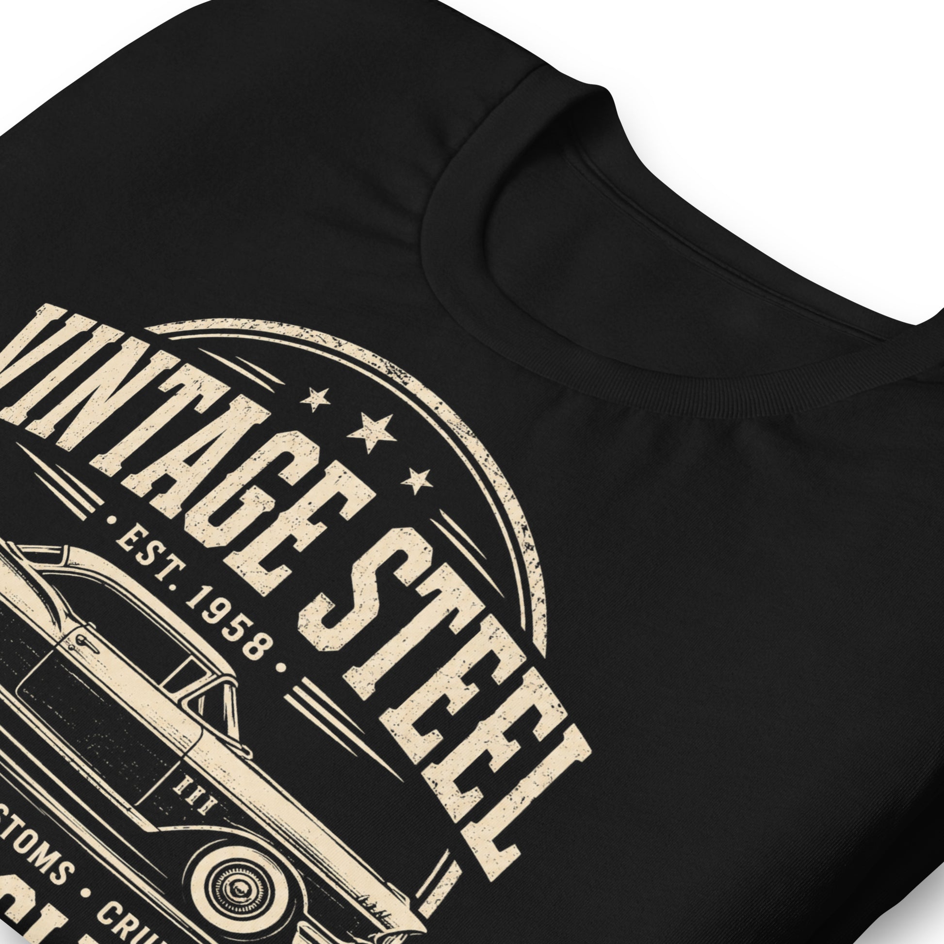 A black graphic tee featuring original Cinderpoint Studios artwork for Vintage Steel Motor Club, a one-color classic car club design with a side-profile vintage car, bold lettering, stars, badge-style framing, Classic Cars Customs Cruisers text, and Built to Last banner.