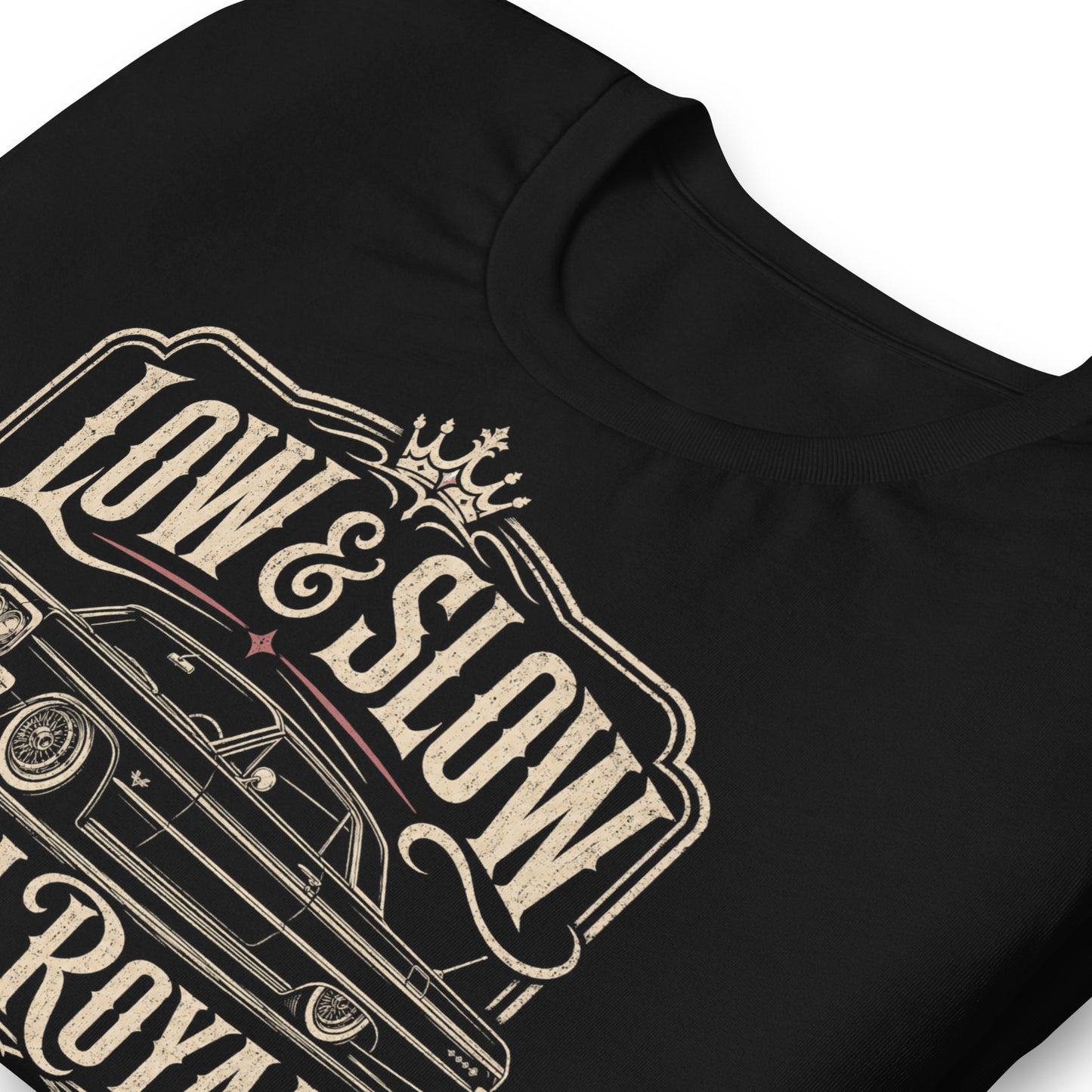 A black graphic tee featuring original Cinderpoint Studios artwork for Low & Slow Custom Royale, a retro lowrider design with a long custom cruiser inspired by a 1964 Impala, bold vintage lettering, crown detail, elegant framing, and Boulevard Cruisers text.