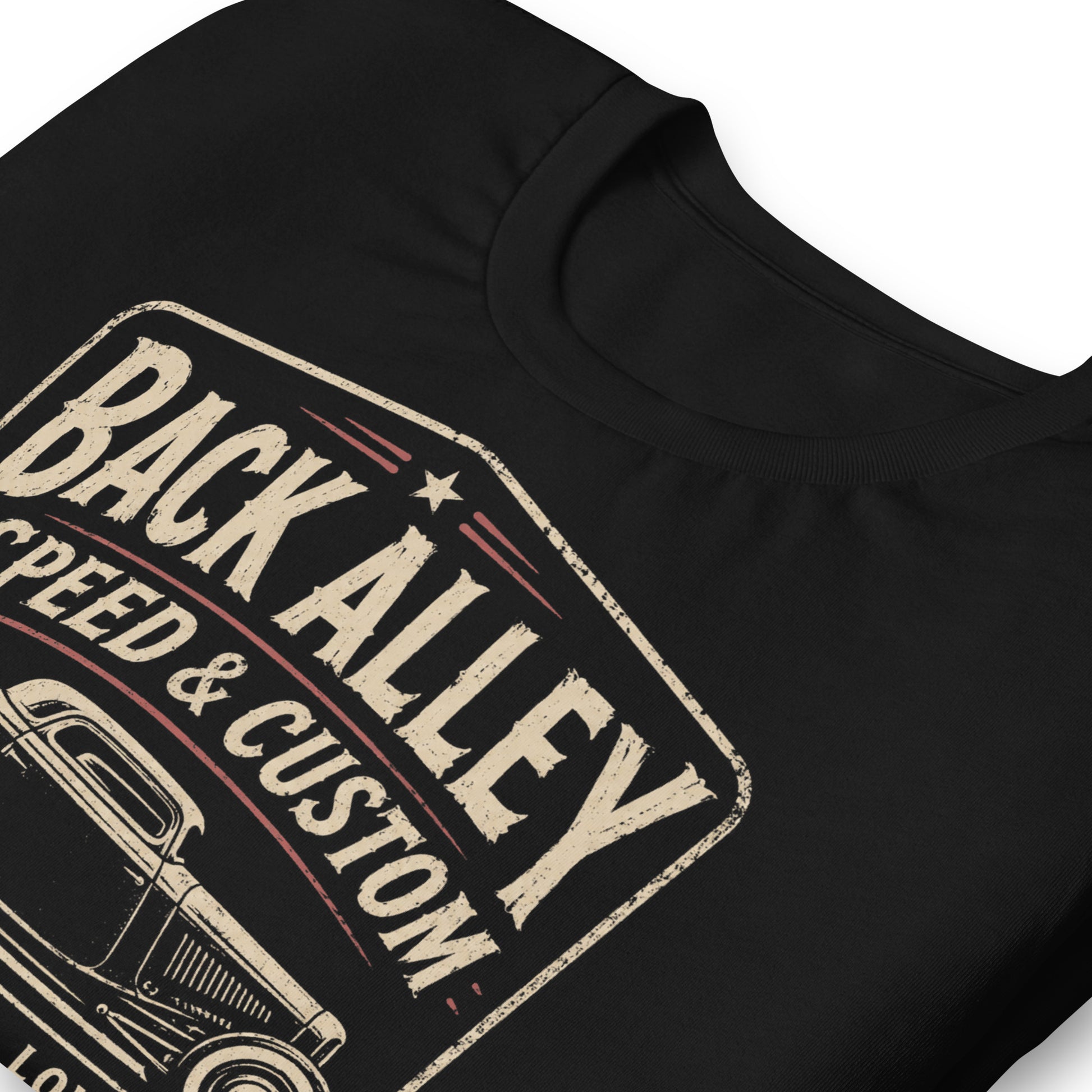 A black graphic tee featuring original Cinderpoint Studios artwork for Back Alley Speed & Custom, a retro hot rod garage design with a chopped custom car profile, bold distressed lettering, red accent details, Body Chop Lower text, and Hot Rods & Customs badge.