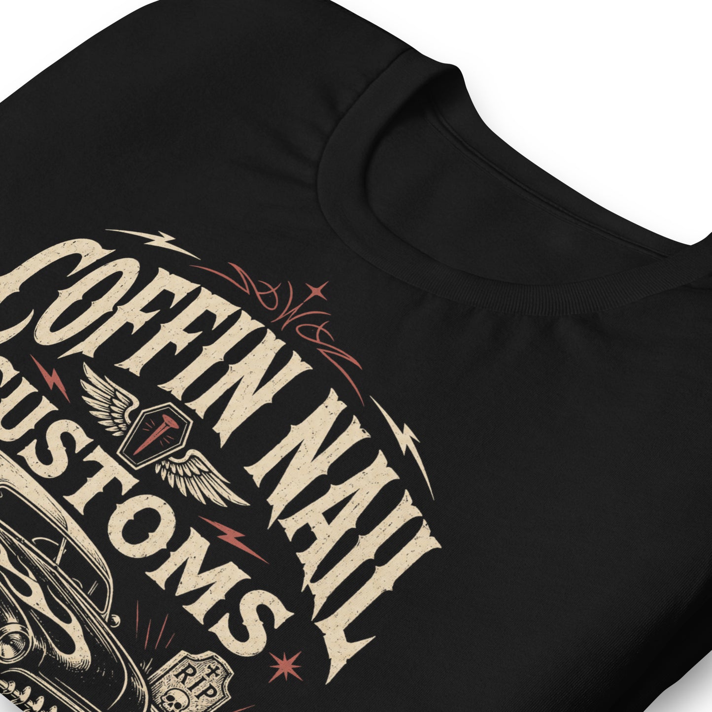 Black graphic tee featuring original Cinderpoint Studios artwork for Coffin Nail Customs, a psychobilly hot rod design with bold distressed lettering, a chopped custom lead sled, flame graphics, winged coffin nail emblem, lightning bolts, cemetery details, and Hot Rods & Kustoms text.
