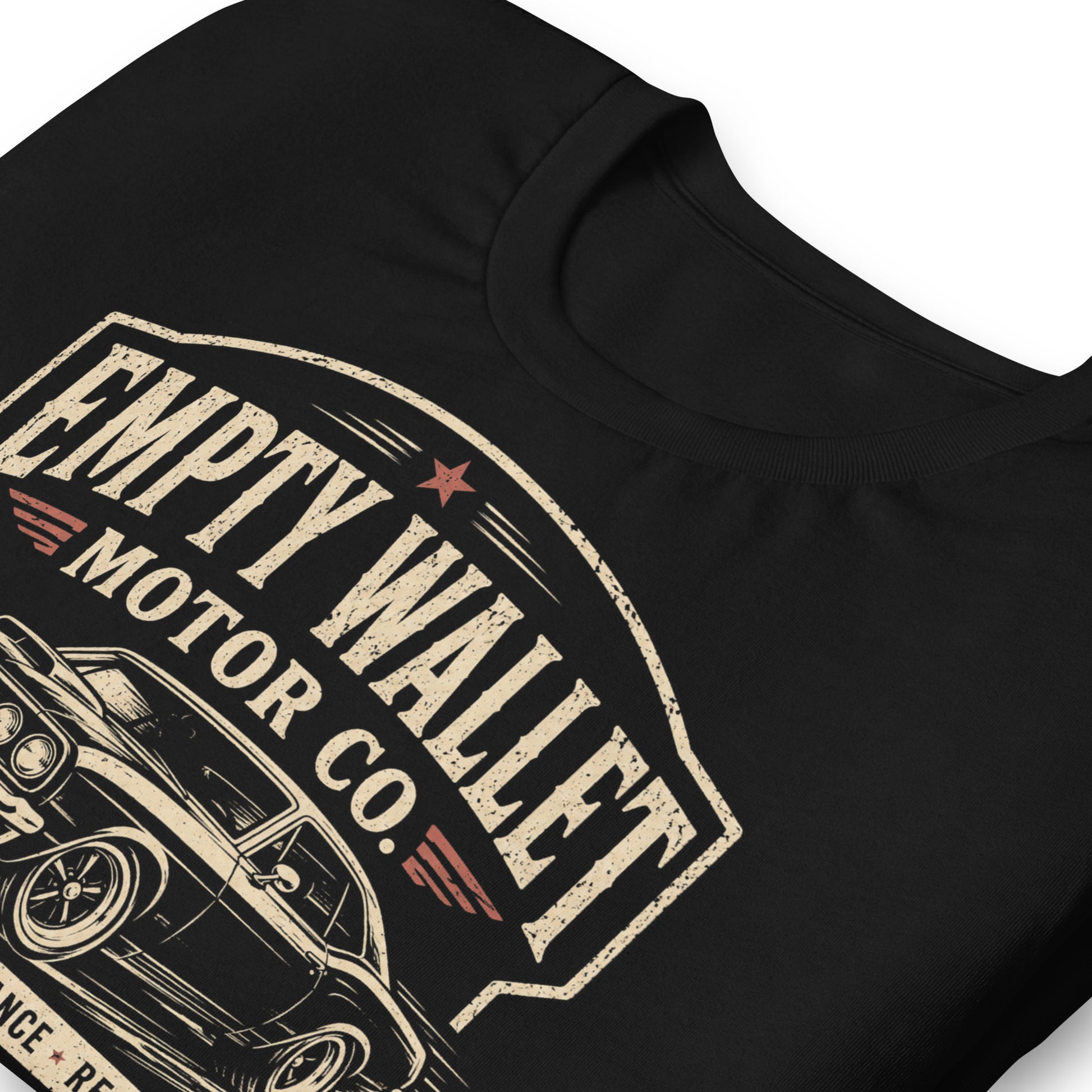 Black graphic tee featuring original Cinderpoint Studios artwork for Empty Wallet Motor Co., a funny retro garage design with a classic muscle car, bold vintage lettering, spark plug details, red accents, Customs Performance Regret text, and Go Fast Spend More slogan.