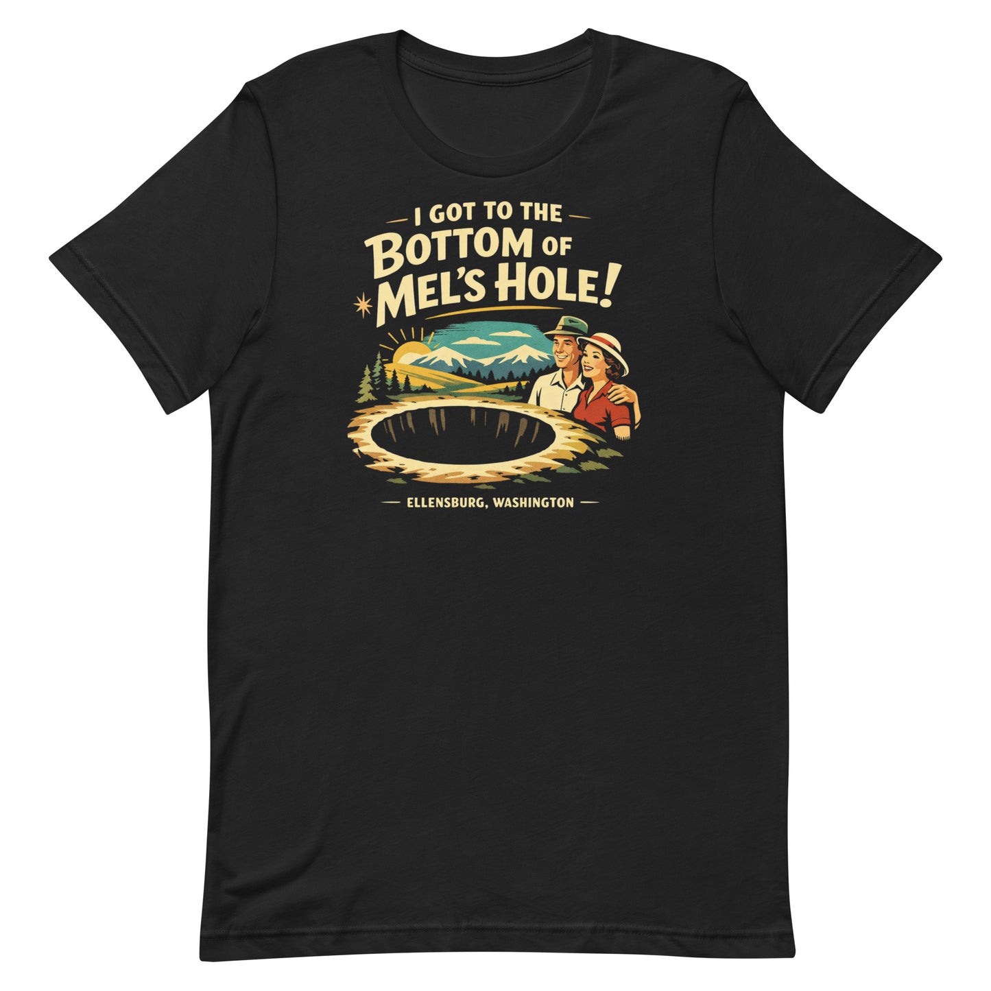 Vintage Black retro graphic t-shirt featuring a vintage travel-style illustration of smiling tourists beside a giant mysterious hole with the phrase I Got to the Bottom of Mel’s Hole and Ellensburg, Washington.
