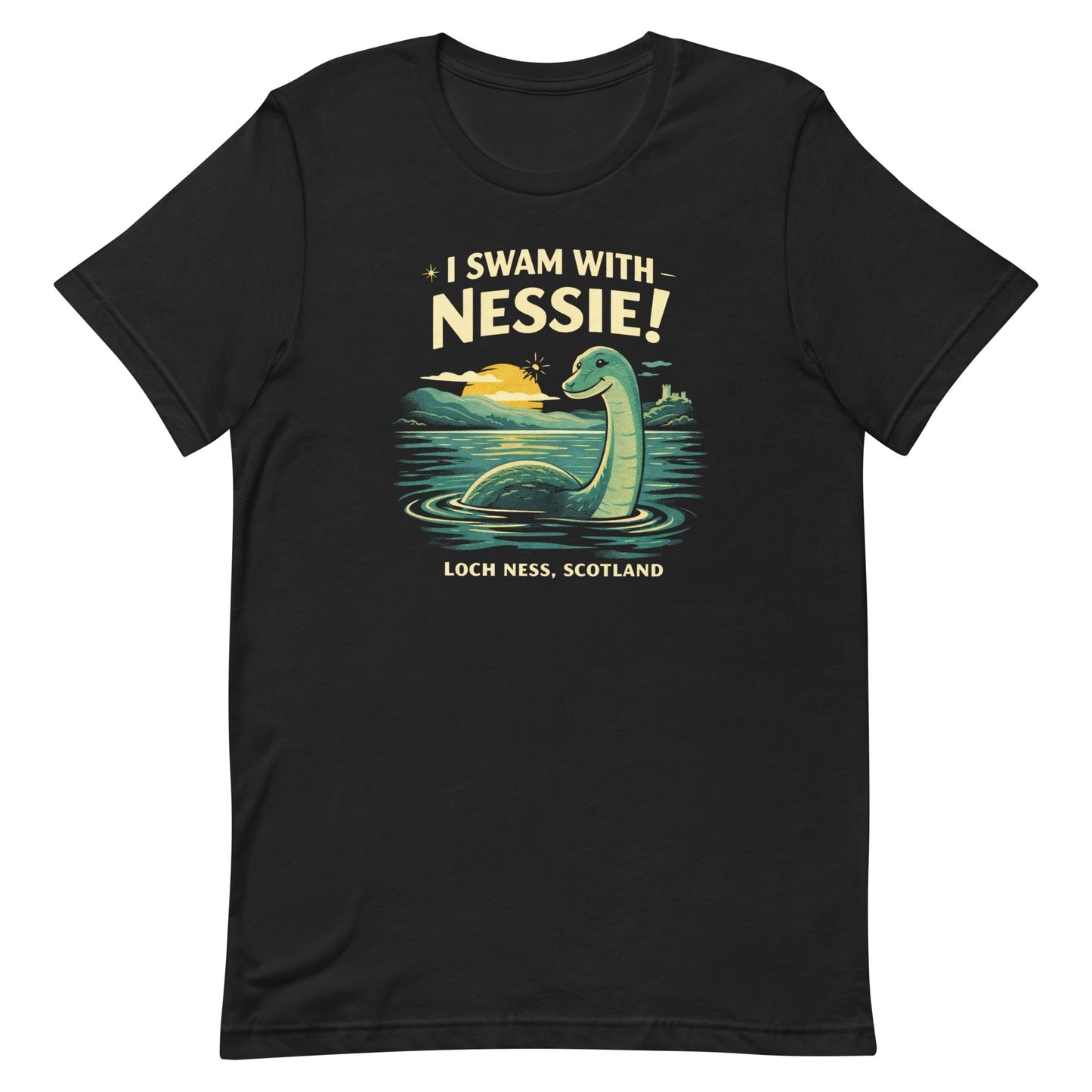 A retro cryptid travel t-shirt featuring Nessie in Loch Ness, Scotland with scenic vintage-style artwork and playful souvenir-shirt charm.