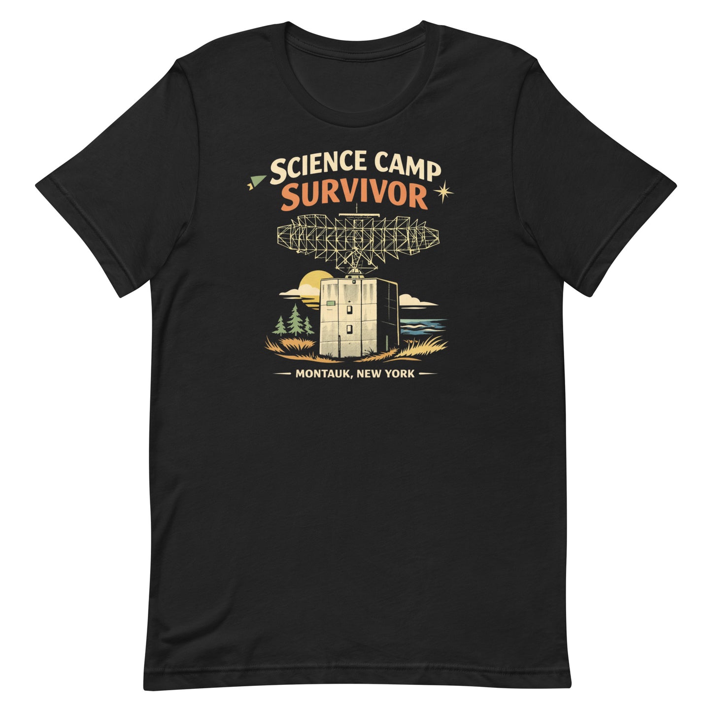 Black retro graphic t-shirt featuring the phrase Science Camp Survivor above a vintage-style radar tower illustration with Montauk, New York text below.