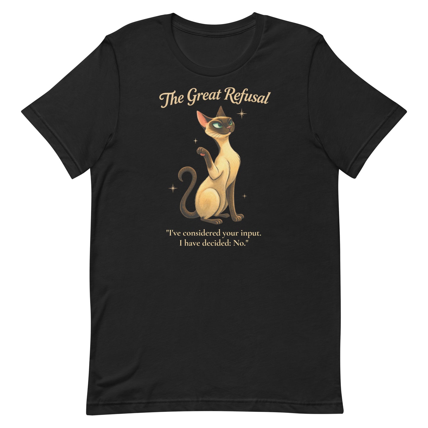 Flat layout of a vintage black Bella+Canvas 3001 graphic tee featuring a mid-century long neck, sleek, siamese cat setting boundaries.