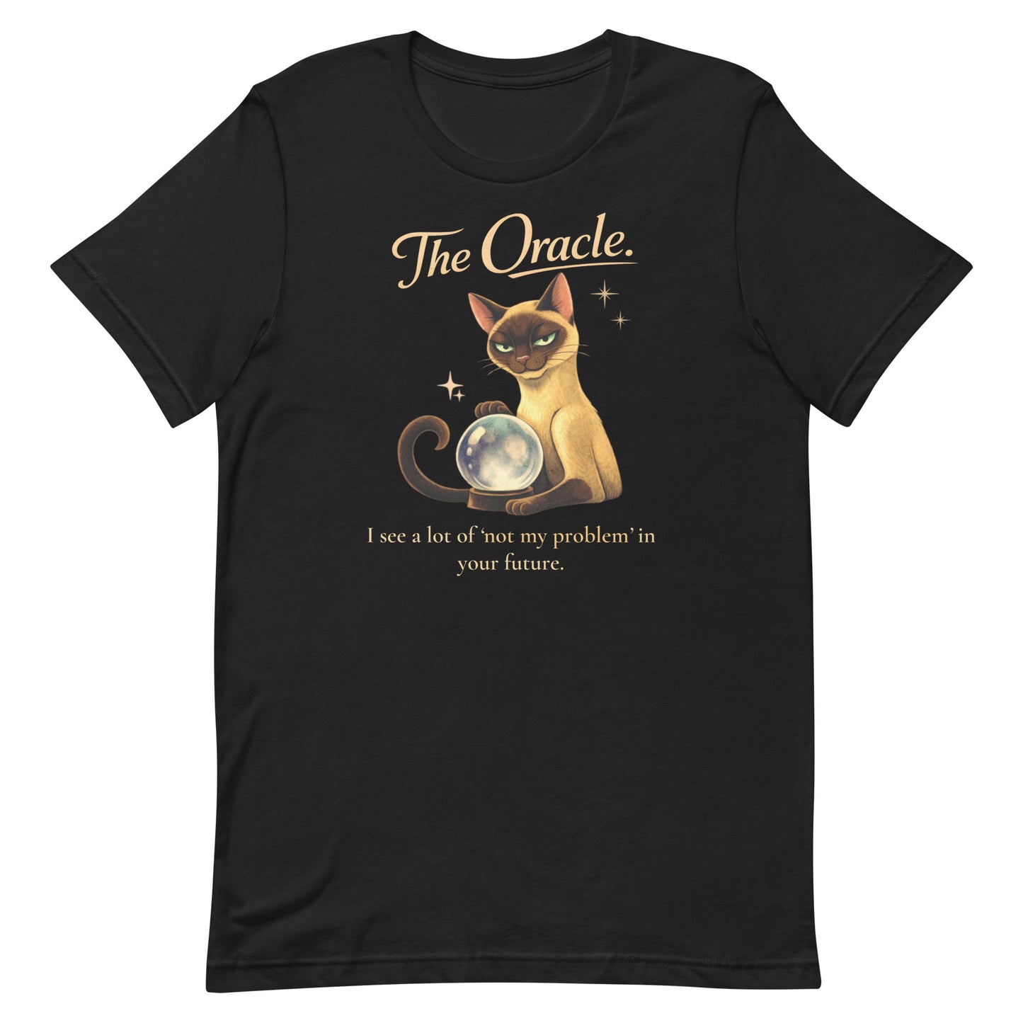 High-resolution overhead shot of a vintage black Bella+Canvas 3001 t-shirt, showcasing "The Oracle" Siamese cat artwork centered on the chest.