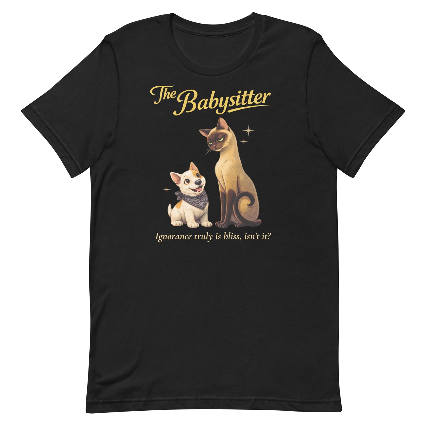 High-resolution overhead shot of a vintage black Bella+Canvas 3001 t-shirt, showcasing the "The Babysitter" artwork of Lyle and the Bull Terrier puppy centered on the chest.