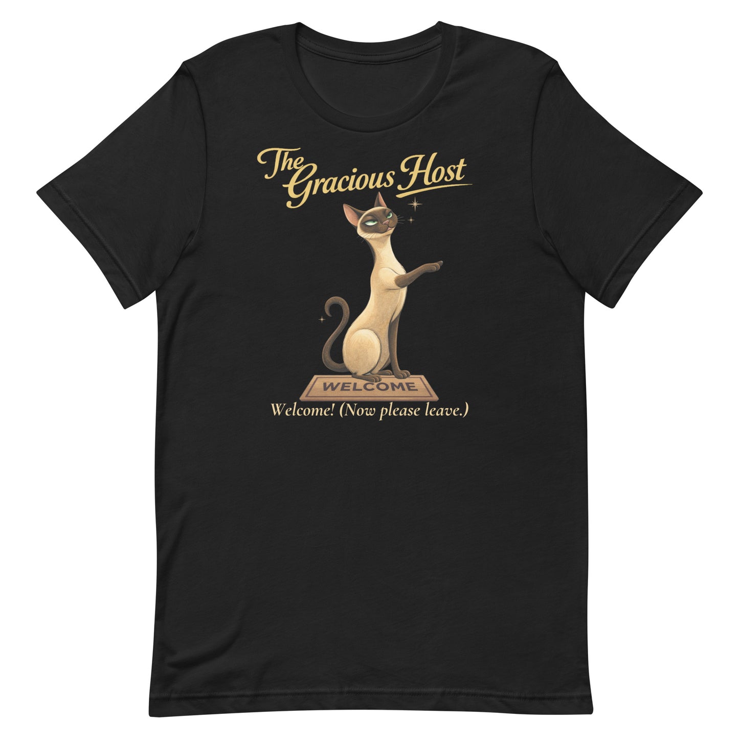High-resolution overhead shot of a vintage black Bella+Canvas 3001 t-shirt, showcasing "The Gracious Host" Siamese cat artwork centered on the chest.