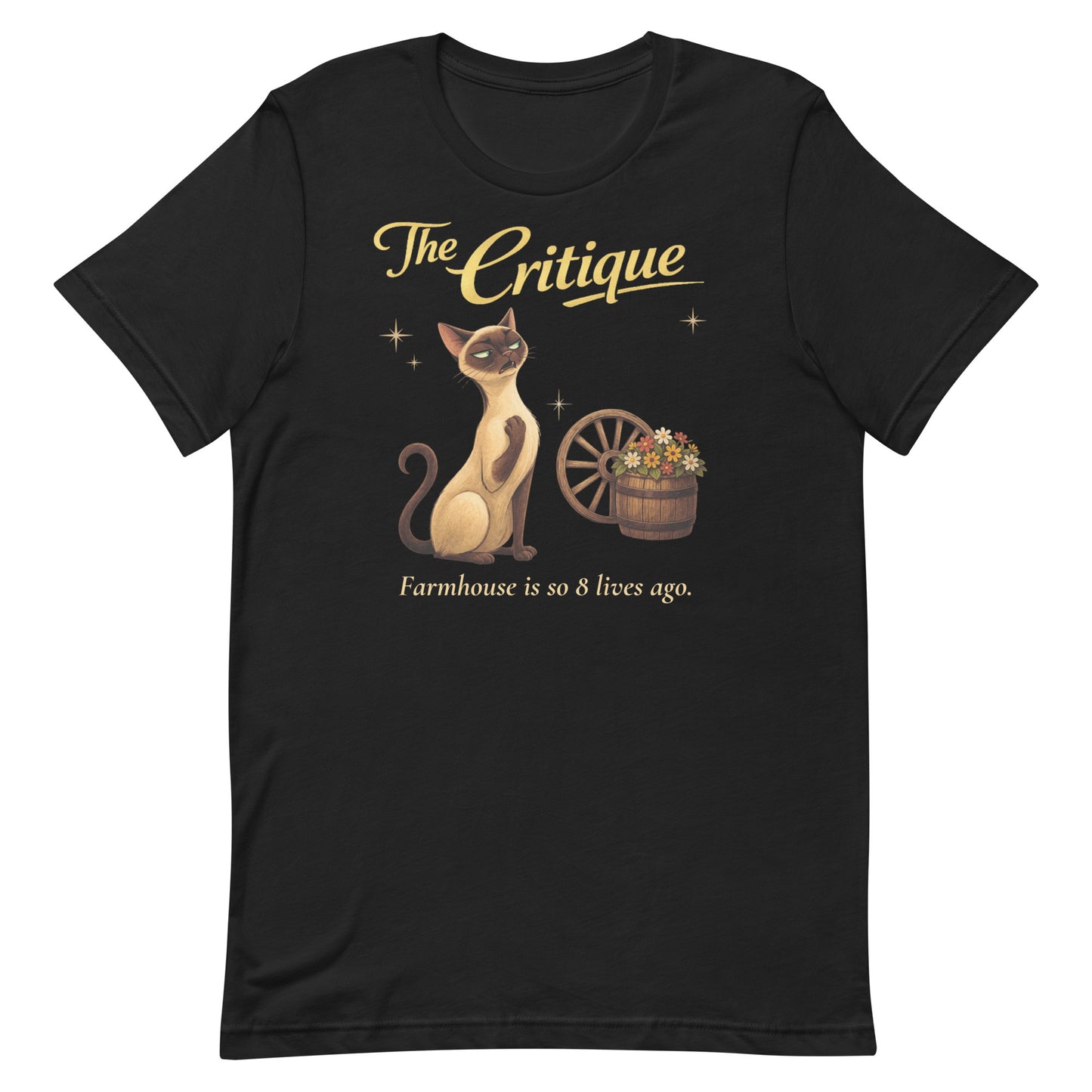 High-resolution overhead shot of a vintage black Bella+Canvas 3001 t-shirt, showcasing "The Critique" Siamese cat artwork centered on the chest with professional, clean lines.
