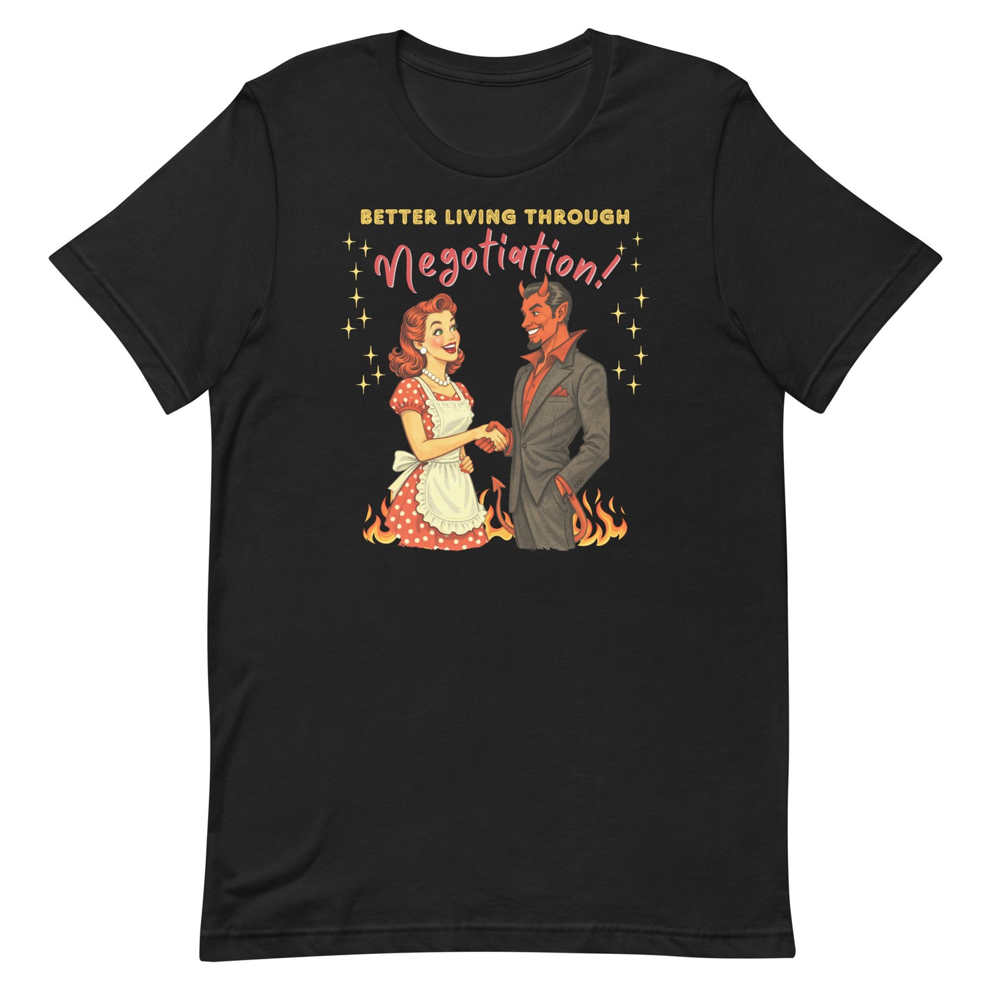 Black t-shirt with graphic design of a woman and devil shaking hands with text 'Better Living Through Negotiation!' on a white background.