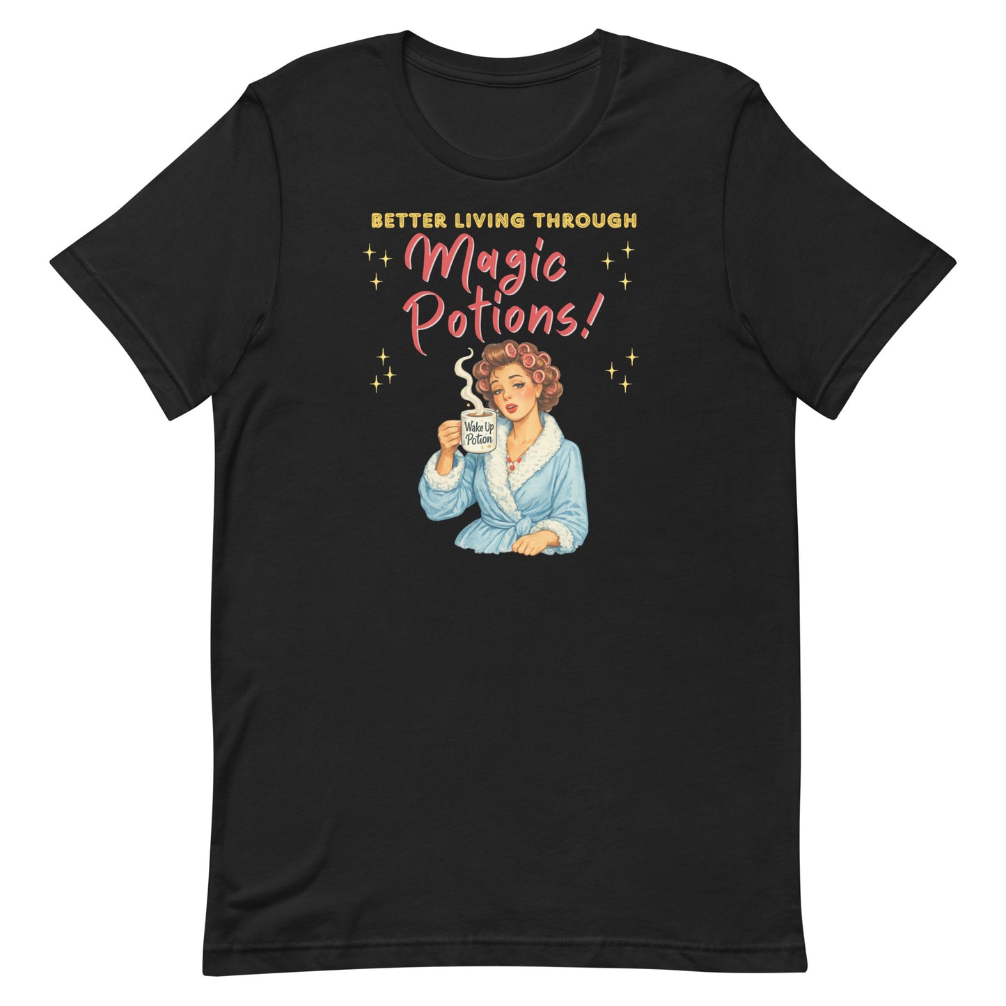 Close-up of the "Better Living Through Magic Potions" design on a premium charcoal-colored t-shirt.