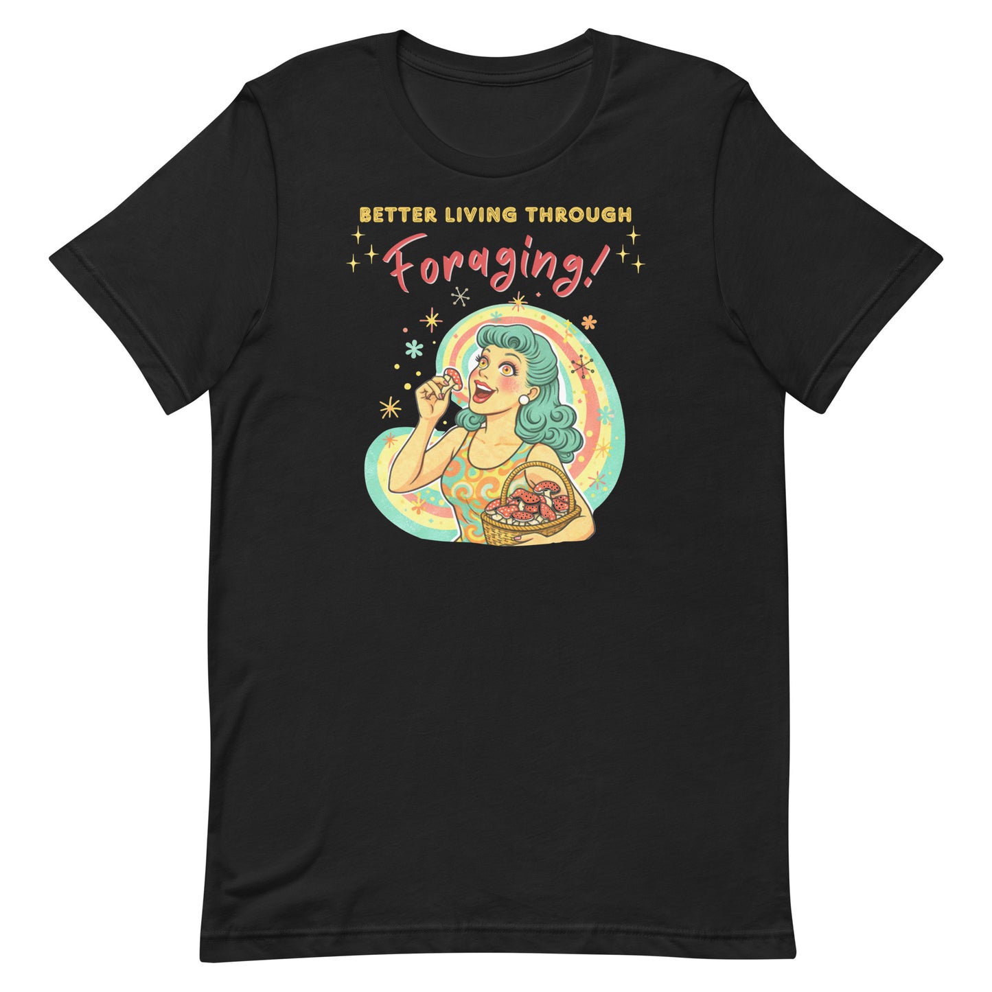 Retro watercolor illustration of a woman with teal hair and wide eyes holding a basket of red mushrooms on a black t-shirt.